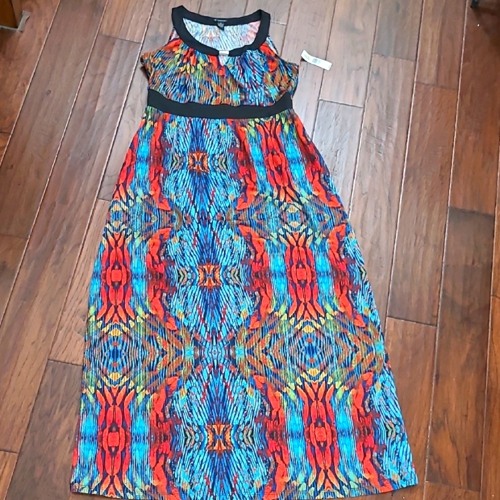 new directions Multicolor Kaleidoscope Maxi Dress with Black Trim